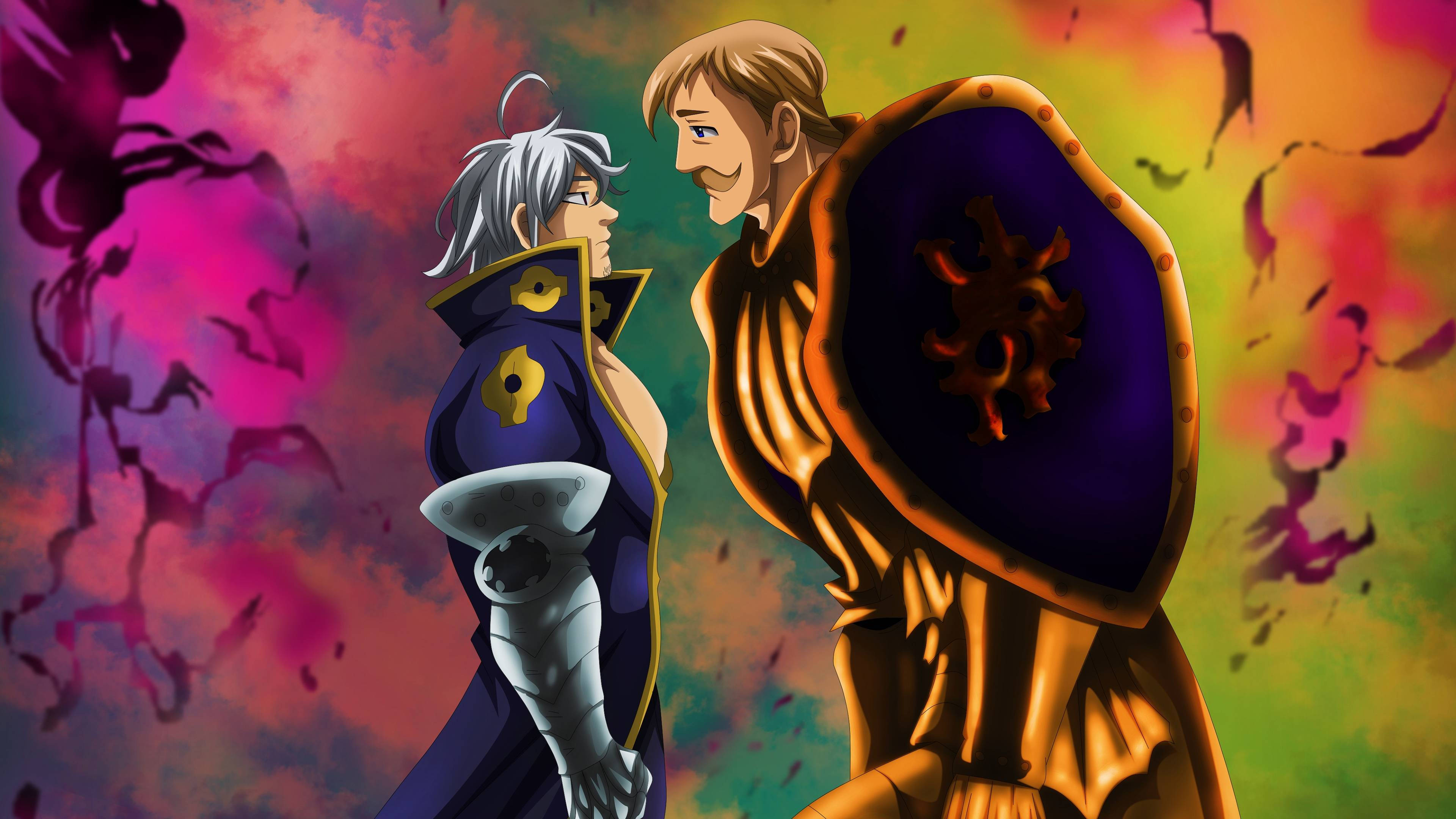 Escanor 桌布 壁紙 — 兩個動漫角色在粉紅、綠色和橙色的鮮豔漩渦背景前互相對峙。