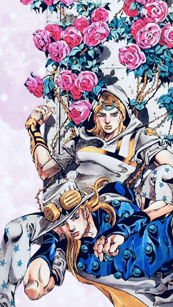Jojo Phone 桌布 壁紙 — 兩個動漫角色在粉紅玫瑰瀑布下擺姿勢，背景柔和粉彩。