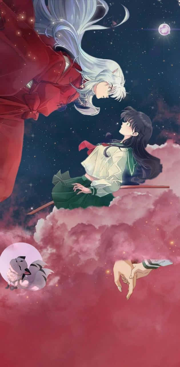 動漫男孩 桌布 壁紙 — 兩個動漫角色在粉紅雲朵和星光閃爍的夜空下，伴隨著發光的月亮互相凝視。
