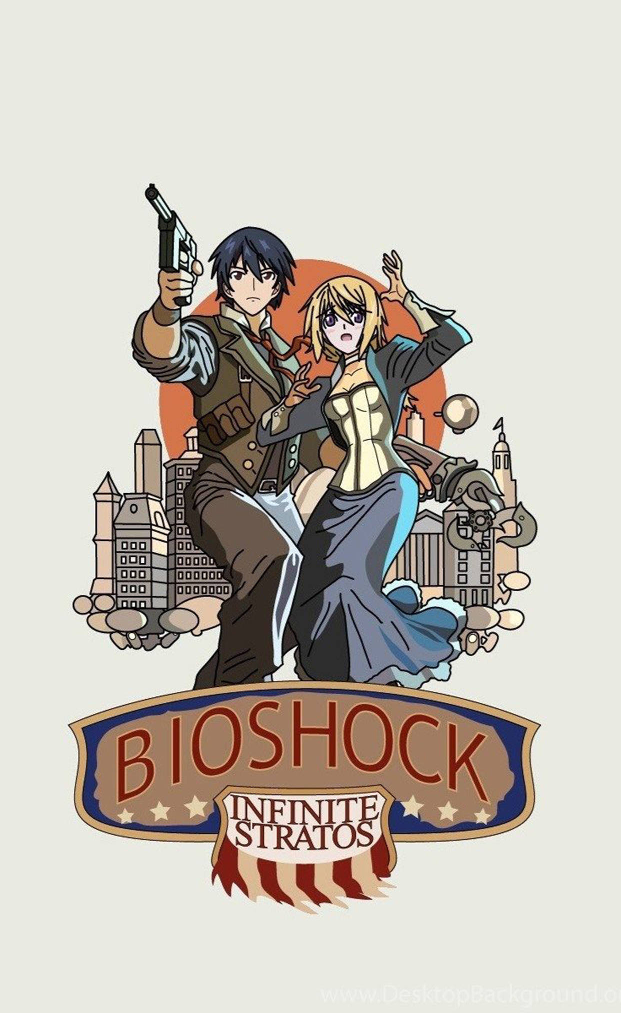 Bioshock Infinite iPhone 桌布 壁紙 — 兩個動漫角色在紅日下，以風格化的城市背景為襯托，戲劇性地手持手槍擺姿勢。