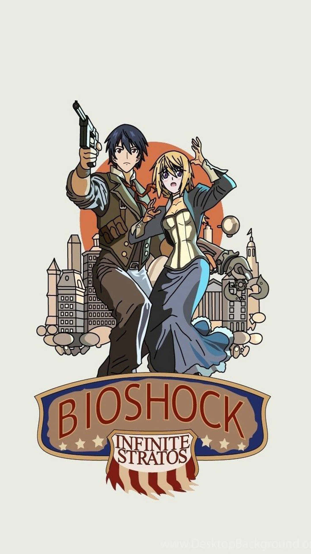 poster 桌布 壁紙 — 兩個動漫角色在紅日下，以風格化的城市背景為襯托，戲劇性地持槍擺姿勢。