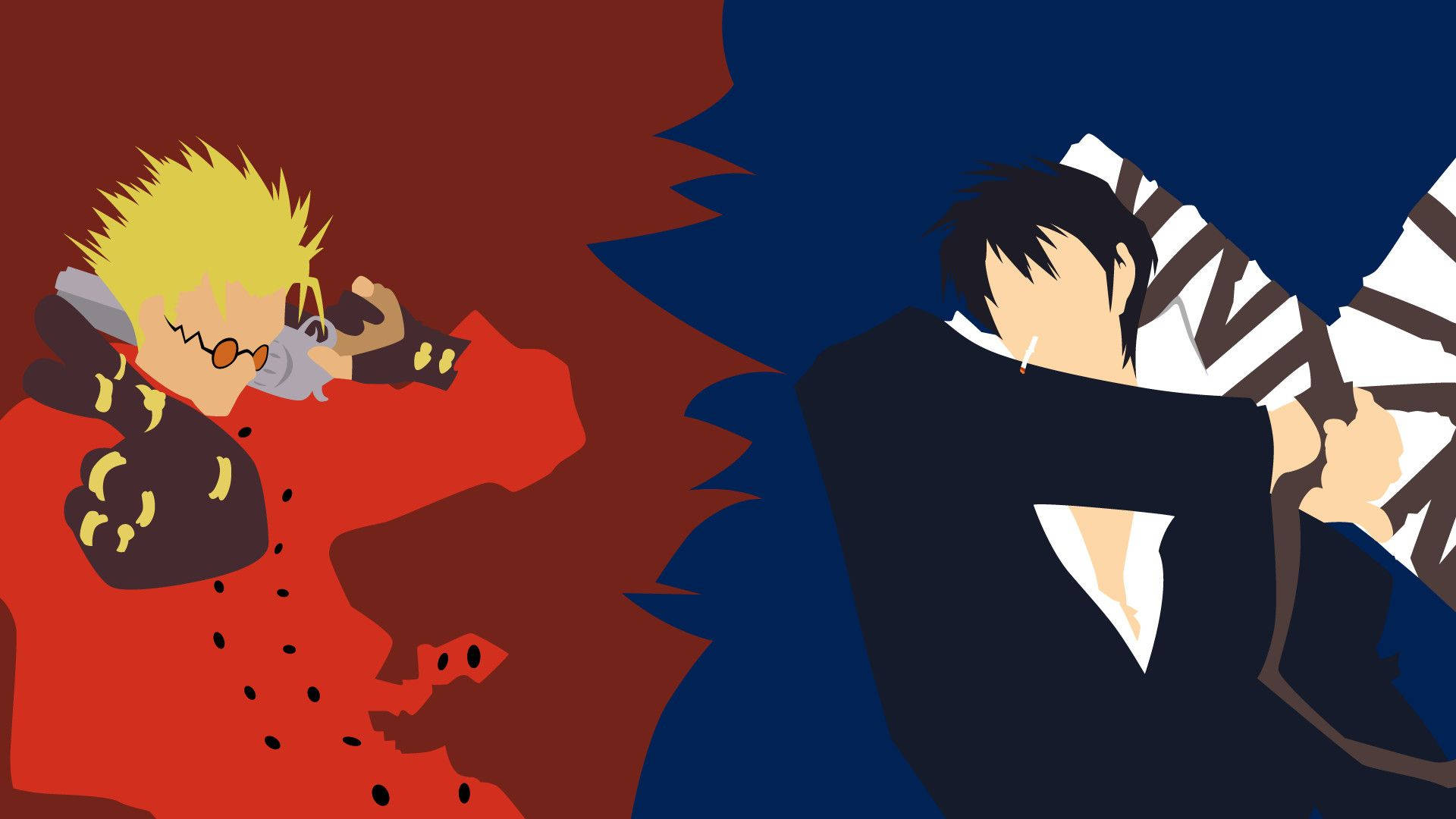 Trigun 桌布 壁紙 — 兩個動漫角色在紅藍背景和粗線條的風格化戰鬥中碰撞。
