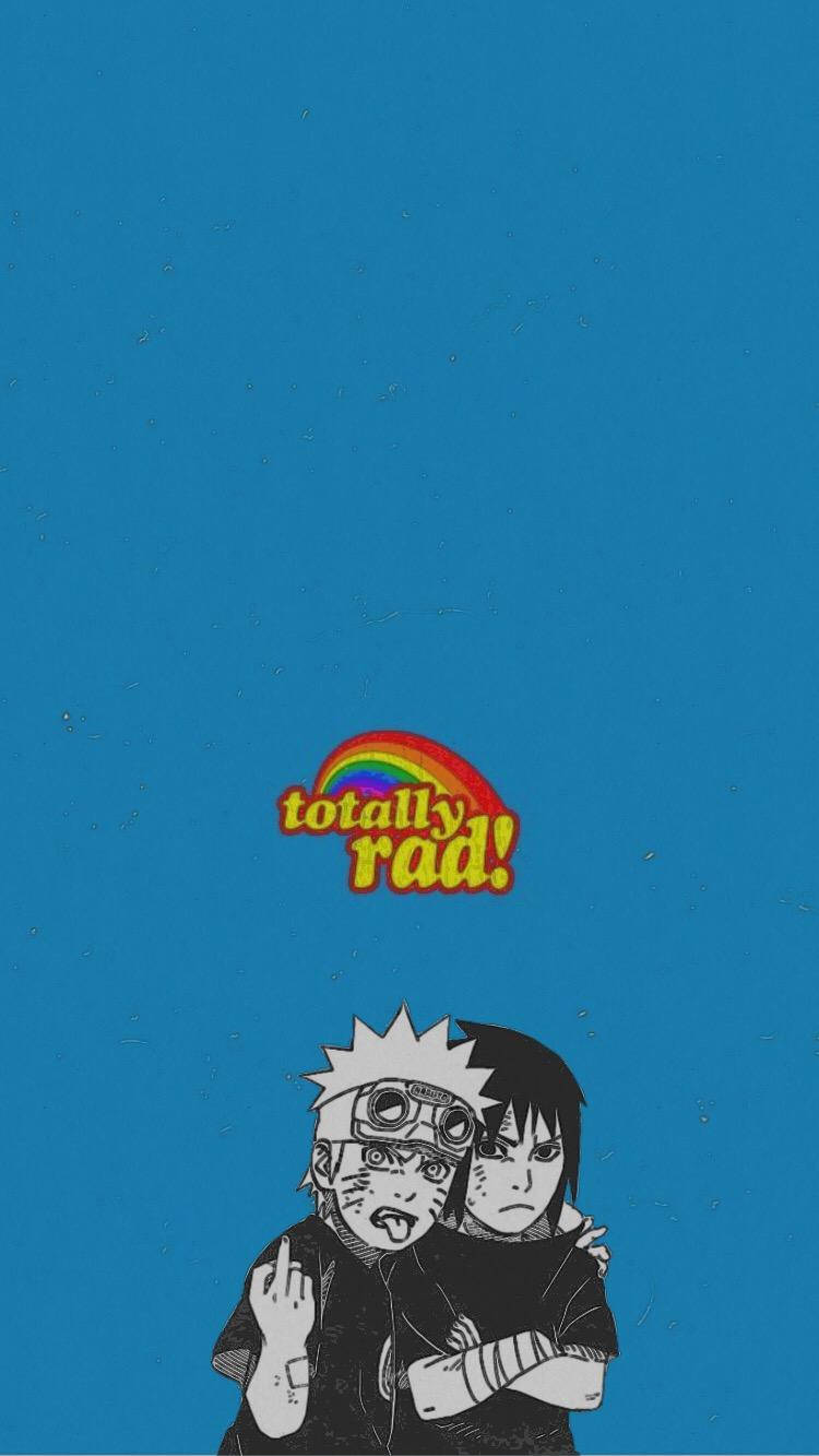 sasuke uchiha 桌布 壁紙 — 兩個動漫角色在紋理藍色背景上，於一個寫著 totally rad! 的彩虹標誌下挑釁地擺姿勢。