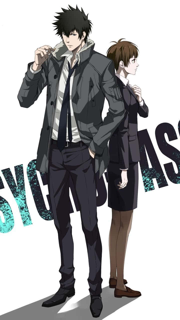 Shinya Kogami 桌布 壁紙 — 兩個動漫角色在純白背景上形成強烈對比，背後有粗體青綠色文字。