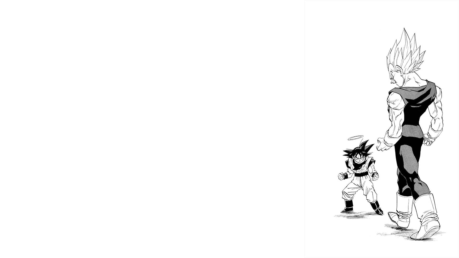 Goku Black And White 桌布 壁紙 — 兩個動漫角色在純白背景上擺出戰鬥姿勢，一個高大、頭髮尖刺，另一個細小、帶光環。