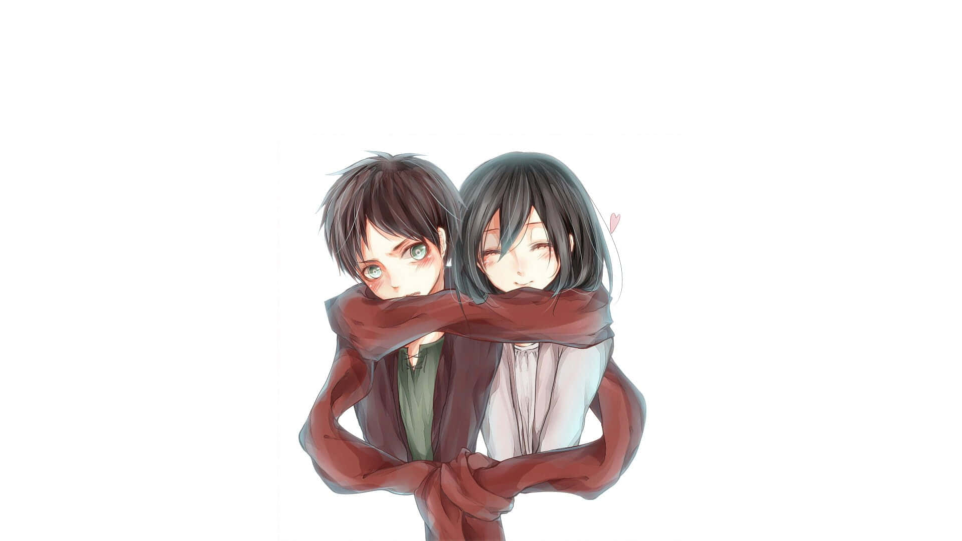 Attack On Titan Season 1 桌布 壁紙 — 兩個動漫角色在純白背景上溫暖擁抱，帶有柔和陰影和富有表現力的眼睛。