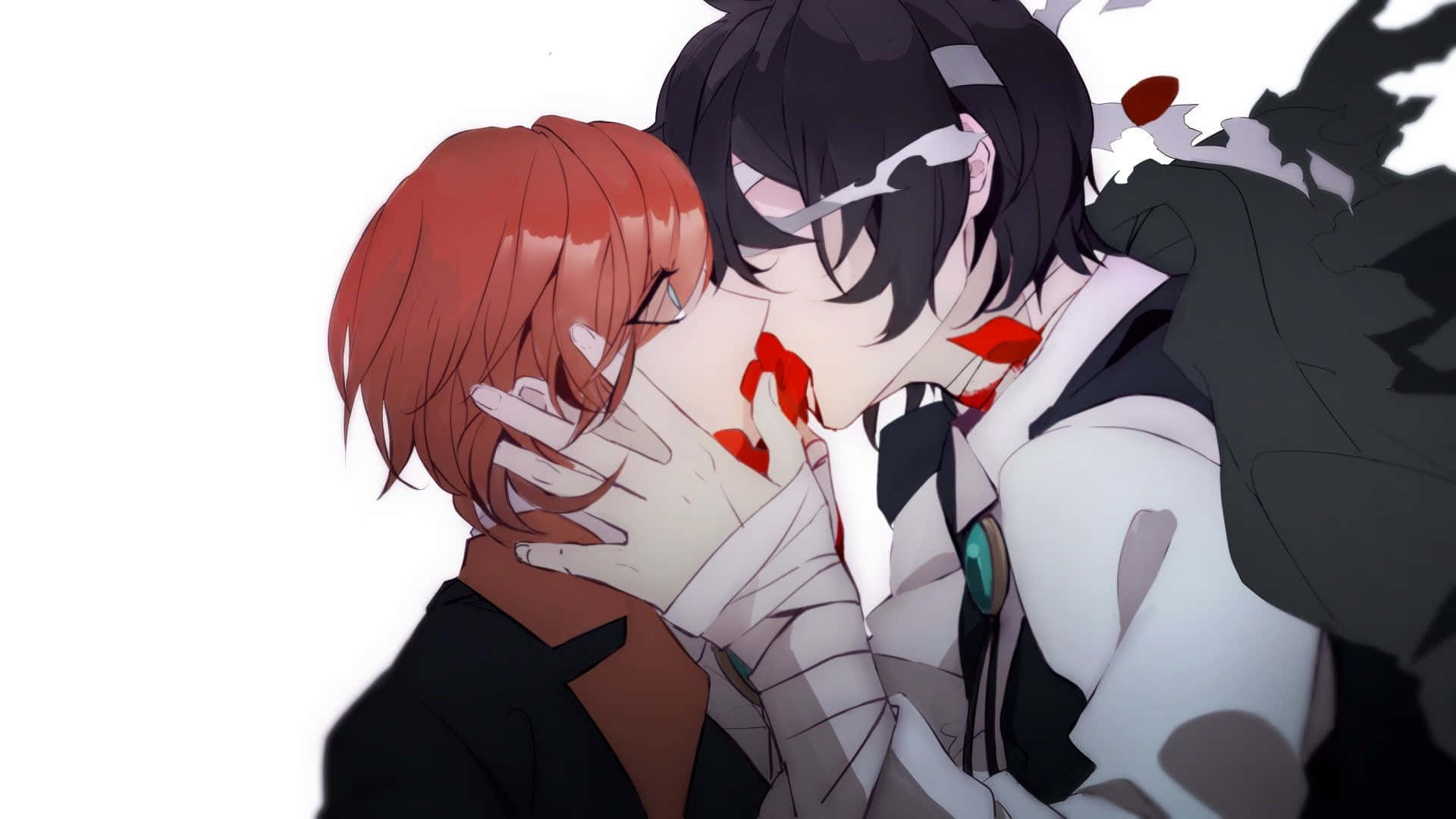 動漫男孩 桌布 壁紙 — 兩個動漫角色在純白背景上熱情接吻，帶有紅唇和血跡般的點綴。