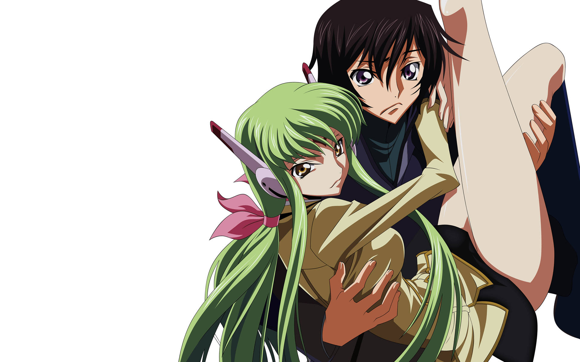 lelouch lamperouge 桌布 壁紙 — 兩個動漫角色在純白背景上緊緊擁抱，一個有綠色頭髮和粉紅色蝴蝶結，另一個有深色頭髮和嚴肅表情。