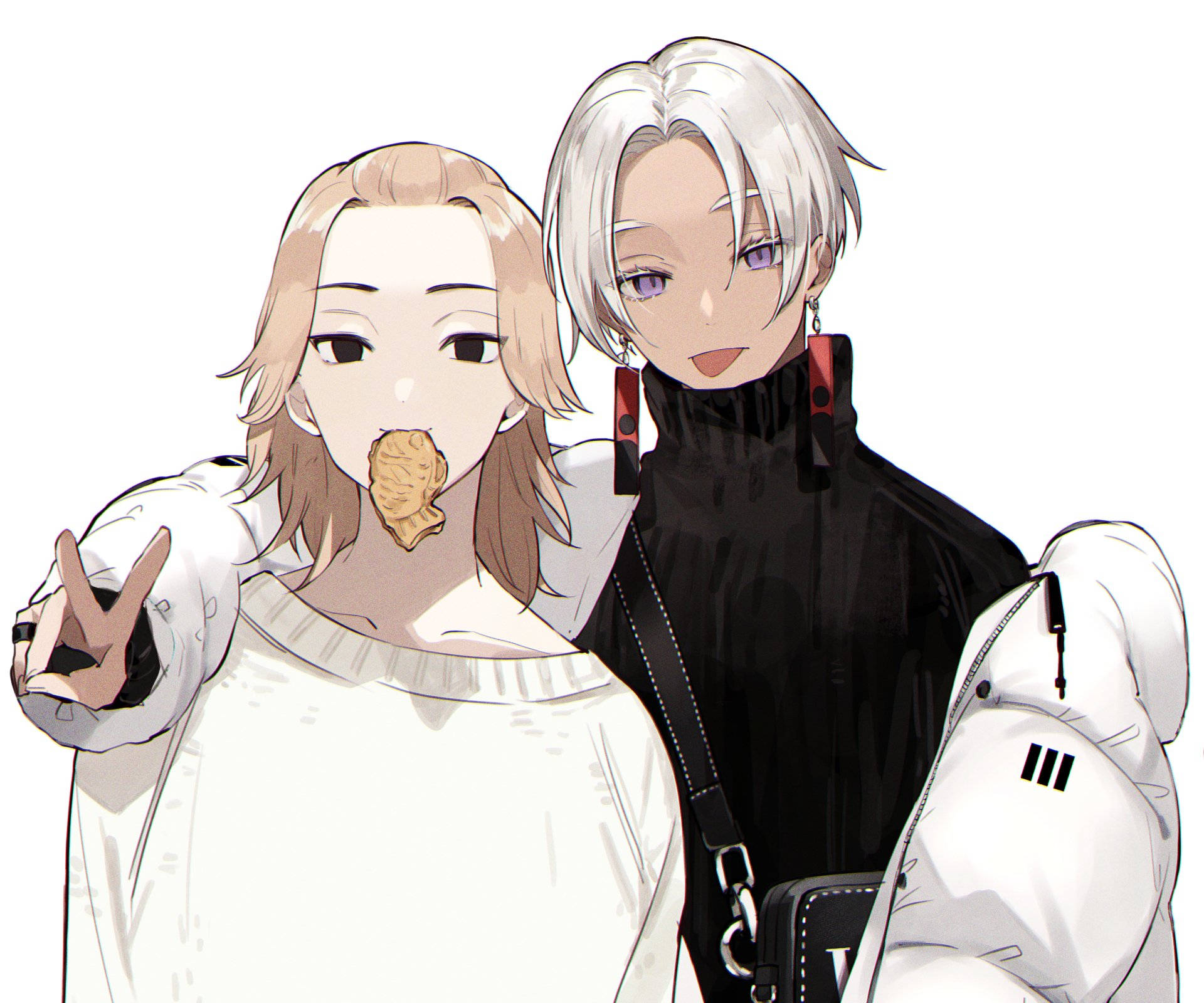 izana kurokawa 桌布 壁紙 — 兩個動漫角色在純白背景前愉快擺姿勢，一個嘴裡含著餅乾，另一個戴著紅色耳環。