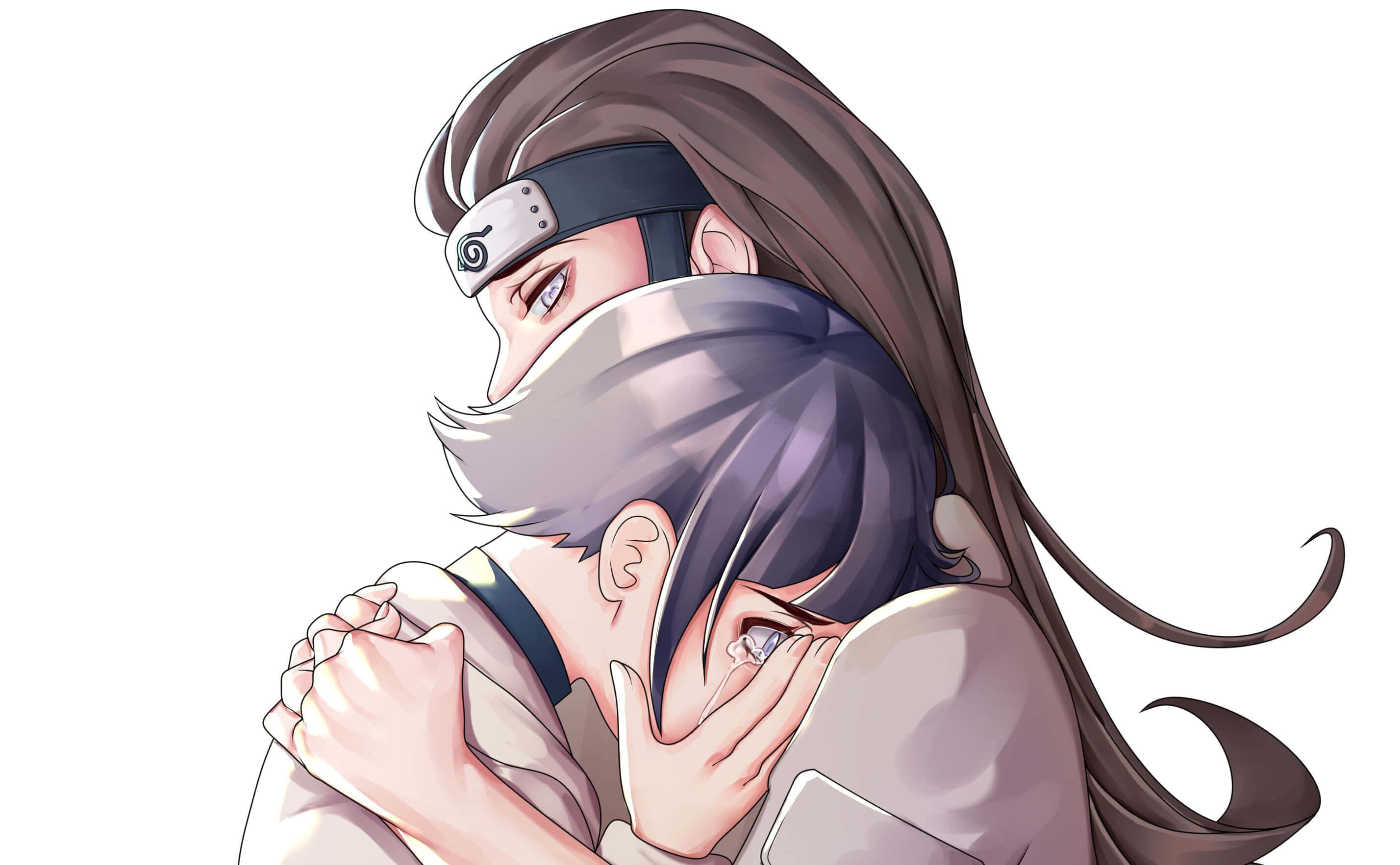 Neji Hyuga 桌布 壁紙 — 兩個動漫角色在純白色背景上溫柔擁抱，帶有柔和陰影和細緻的頭髮。
