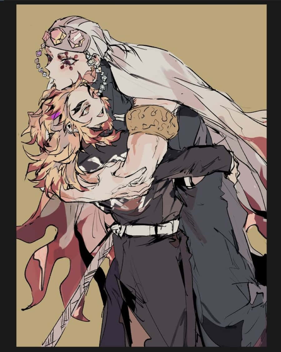 Rengoku And Tengen 桌布 壁紙 — 兩個動漫角色在純米色背景前緊緊擁抱，穿著飄逸長袍，面部表情細緻。
