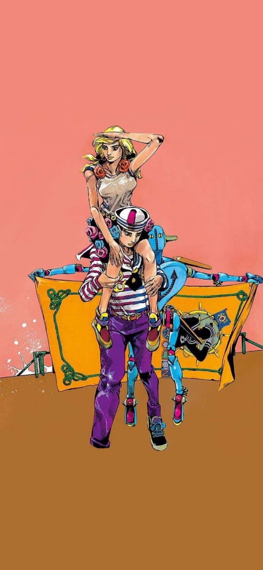 Josuke 桌布 壁紙 — 兩個動漫角色在純粉紅色背景和風格化橙色橫幅前自信地擺姿勢。