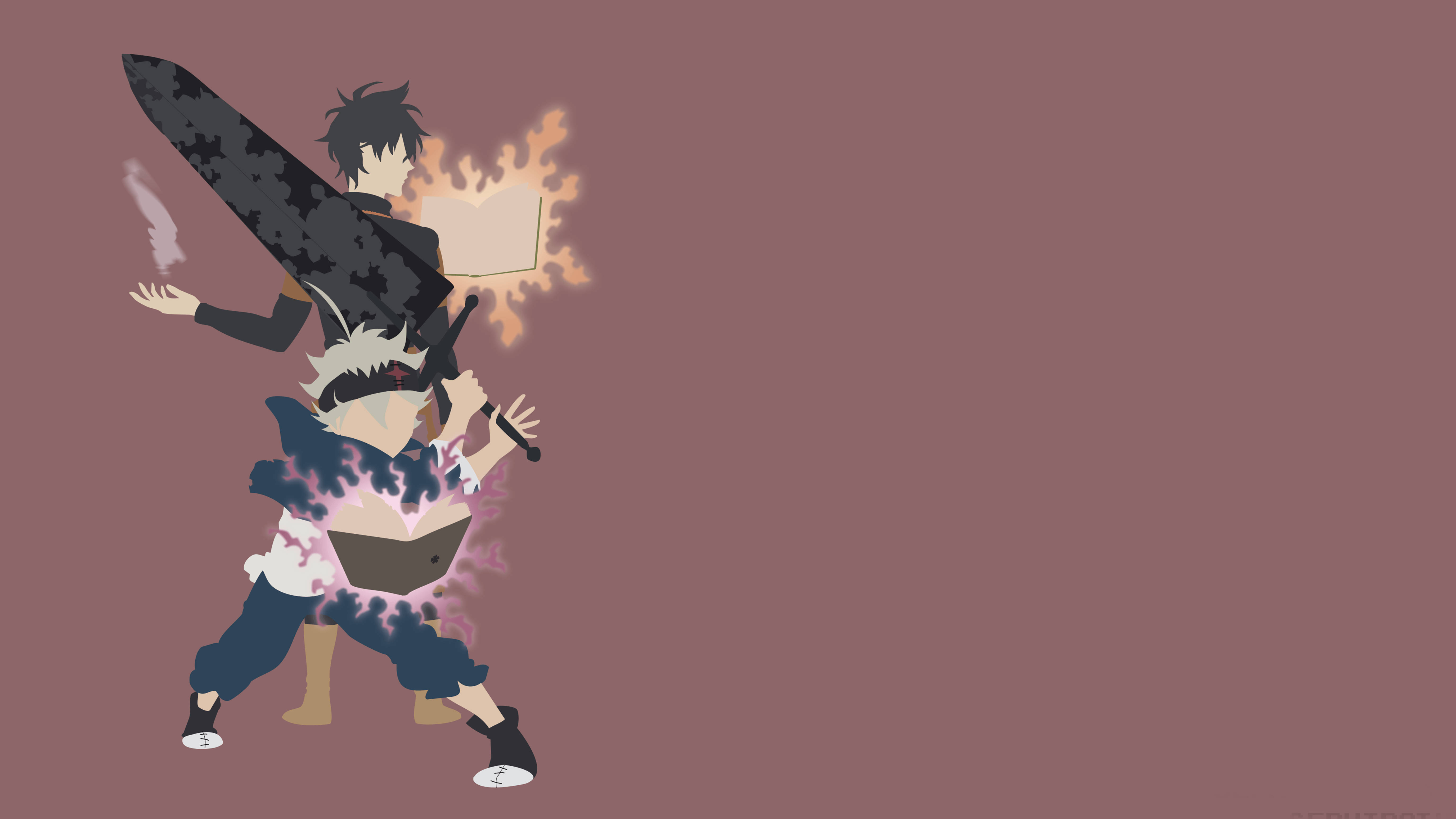 Black Clover Anime 桌布 壁紙 — 兩個動漫角色在純紫紅色背景上，以火熱和煙霧能量效果進行動態戰鬥。