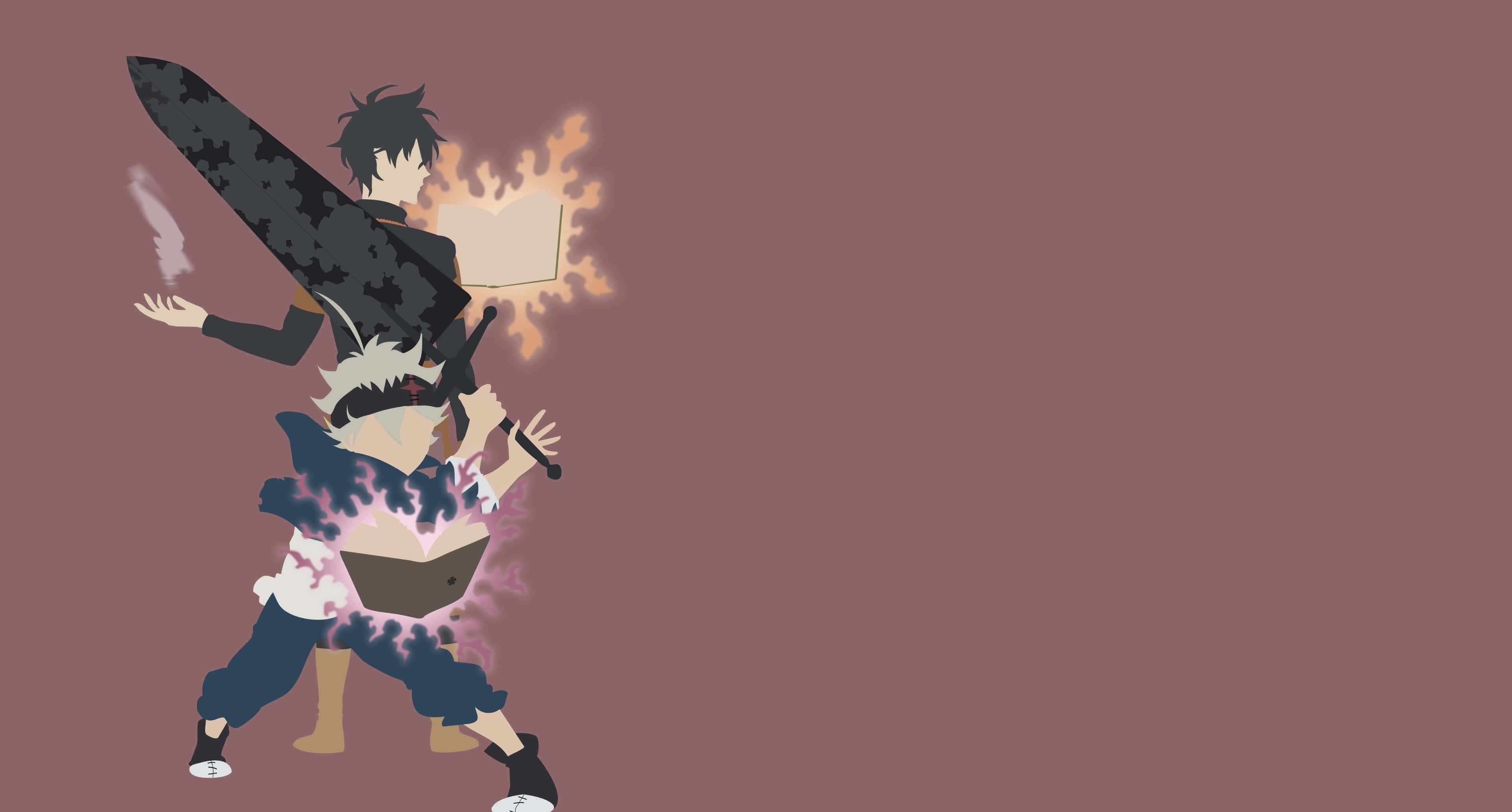 桌布 壁紙 — 兩個動漫角色在純色淡紫色背景上，以火焰和電能效果進行動態戰鬥。