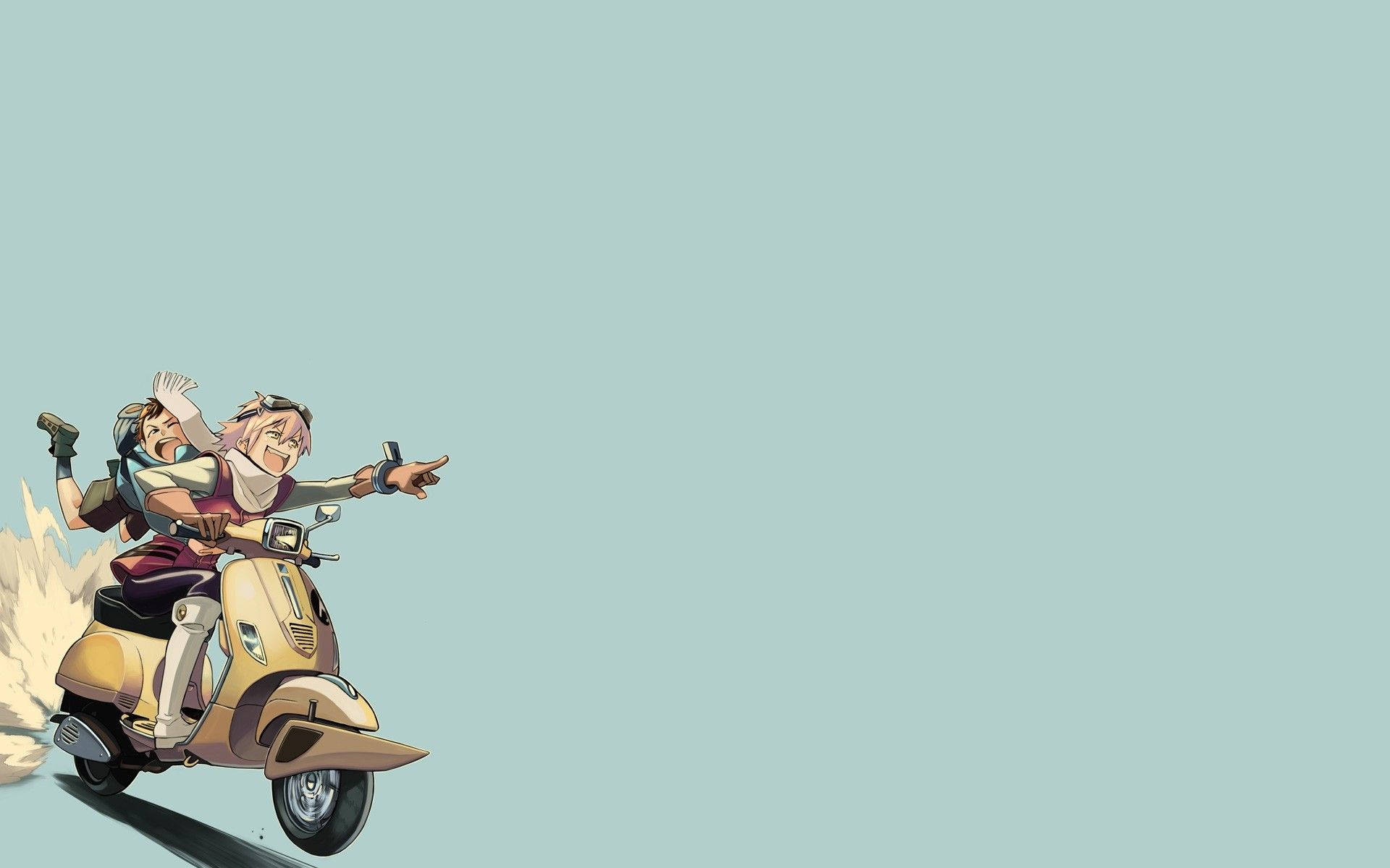 Flcl 桌布 壁紙 — 兩個動漫角色在純色淺藍色背景上，帶著動態模糊效果，開心地騎著一輛米色滑板車。