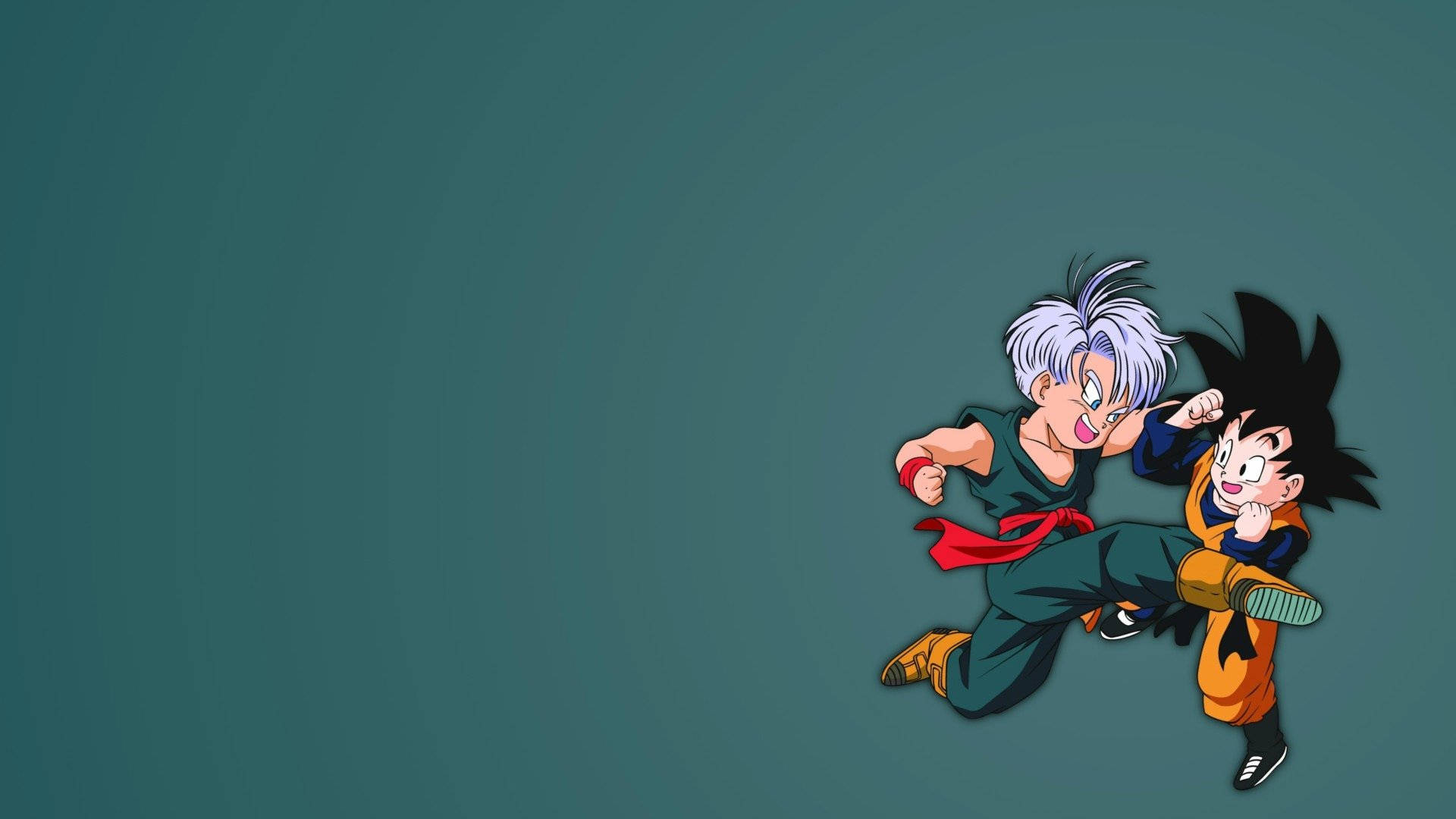 Goten 桌布 壁紙 — 兩個動漫角色在純色青綠色背景上擺出動態戰鬥姿勢。