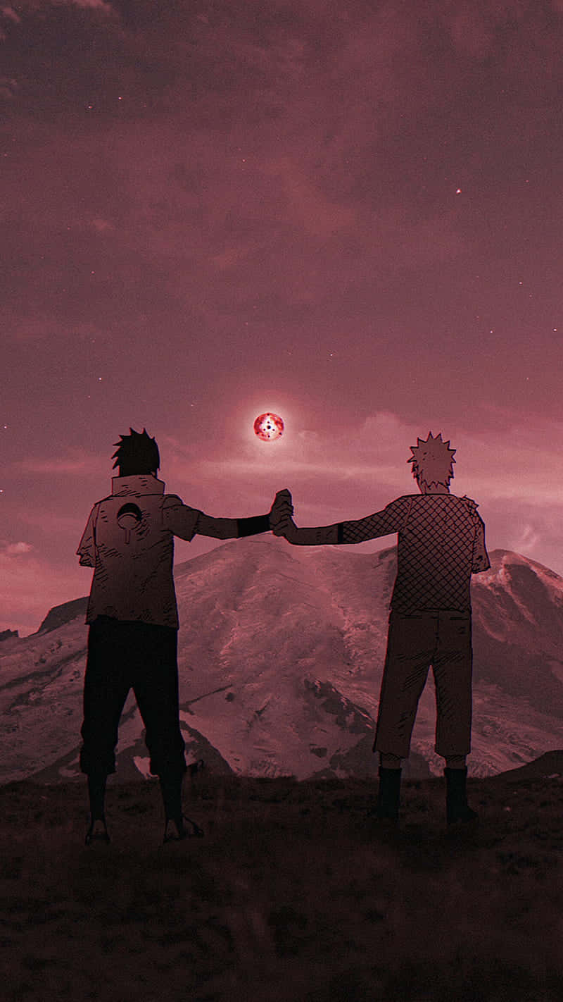 桌布 壁紙 — 兩個動漫角色在紫羅蘭色的暮色天空下，在積雪的山頂上，在發光的紅月下手牽手。