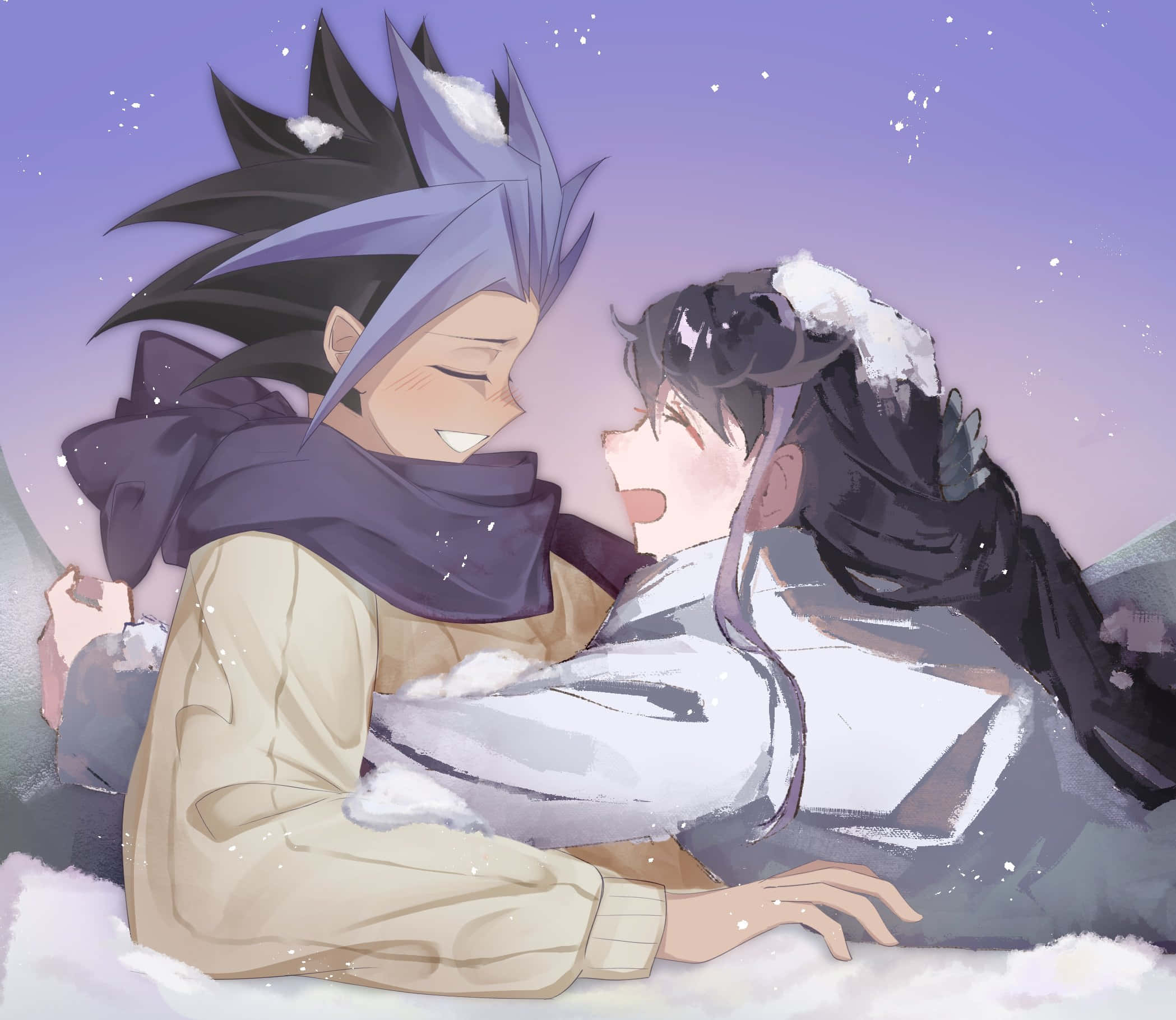 Yu-gi-oh Yuto 桌布 壁紙 — 兩個動漫角色在紫色暮色天空下，在雪中依偎，雪花飄落。