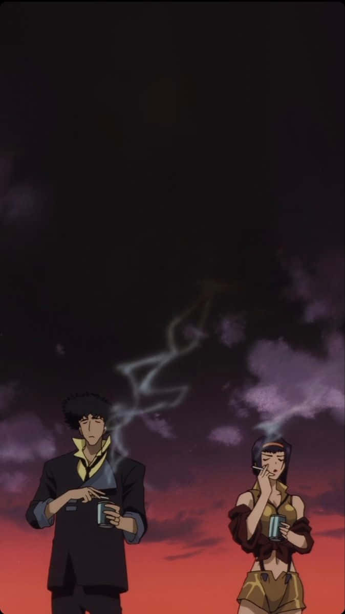 Cowboy Bebop 桌布 壁紙 — 兩個動漫角色在紫色雲彩和紅色地平線的戲劇性暮色天空下吸煙。