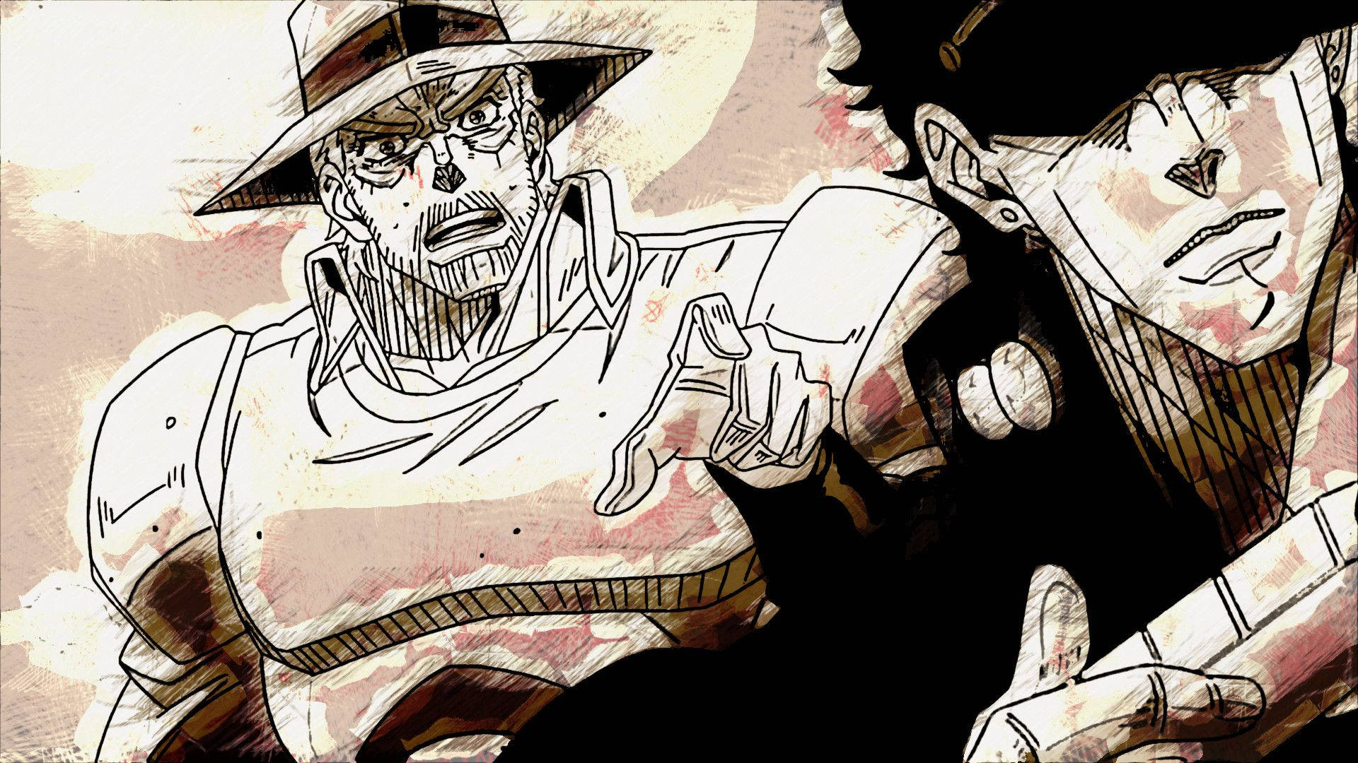 Jotaro 桌布 壁紙 — 兩個動漫角色在緊張對峙中，帶有戲劇性燈光和富有表現力的面孔。