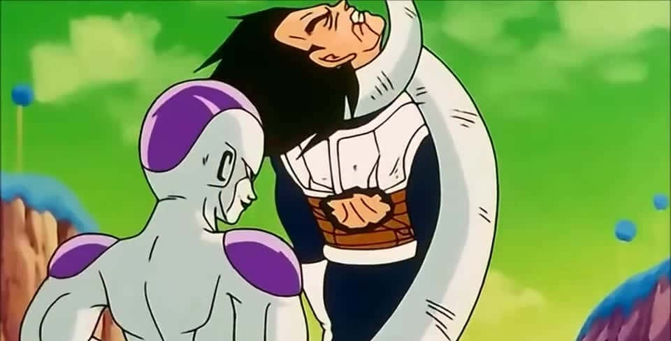 Vegeta And Frieza 桌布 壁紙 — 兩個動漫角色在緊張的對峙中，其中一個以鎖喉姿勢壓制另一個，背景為鮮豔的綠色。