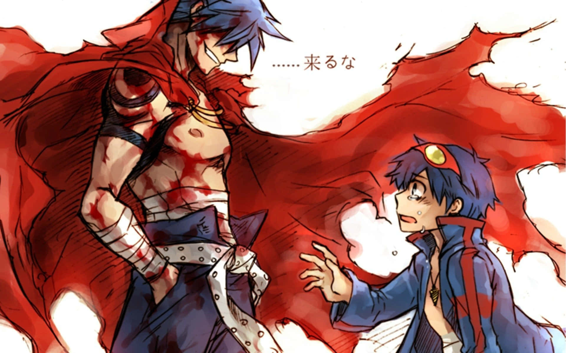 Gurren Lagann 桌布 壁紙 — 兩個動漫角色在緊張的對峙中戲劇性地碰撞，紅色能量在他們周圍旋轉。