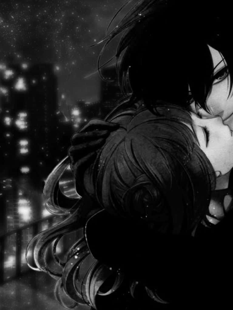 Lovers 桌布 壁紙 — 兩個動漫角色在繁星點點的夜景城市背景下以單色熱情接吻。