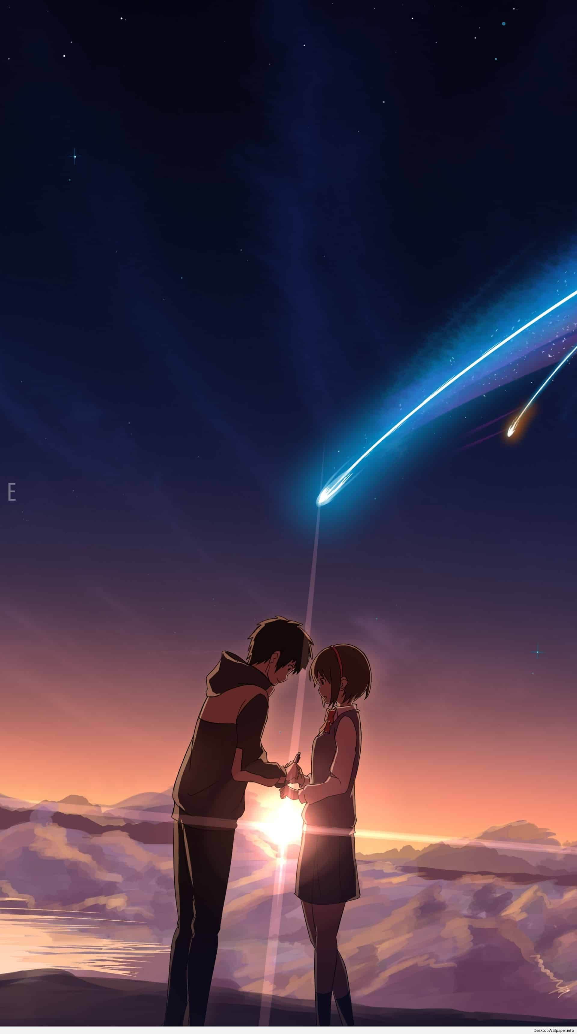 kimi no na wa phone 桌布 壁紙 — 兩個動漫角色在繁星點點的暮色天空下牽手，發光的流星在雪山上空劃過。
