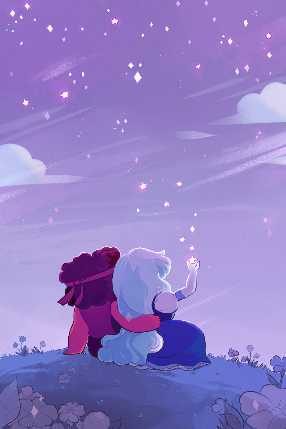 Cartoon Network 桌布 壁紙 — 兩個動漫角色在繁星點點的紫色天空下，在山丘上擁抱，其中一個伸手去抓漂浮的火花。