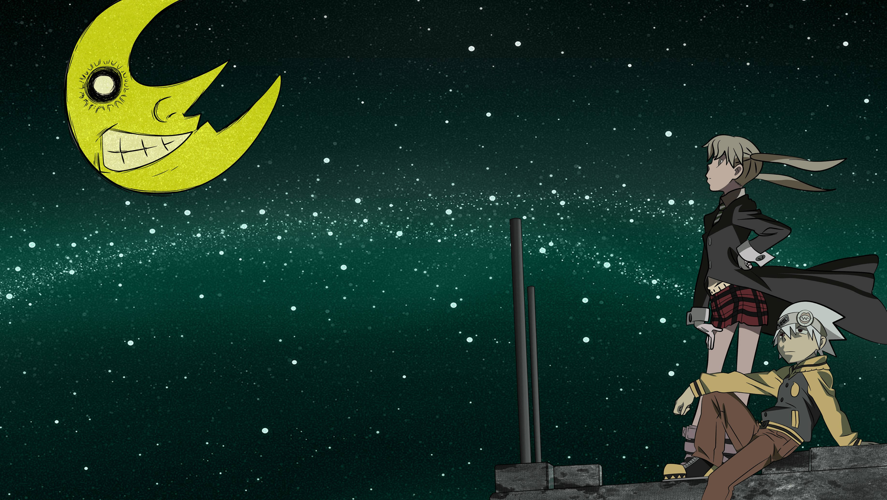 soul eater moon 桌布 壁紙 — 兩個動漫角色在繁星點點的綠色夜空下仰望微笑的彎月。