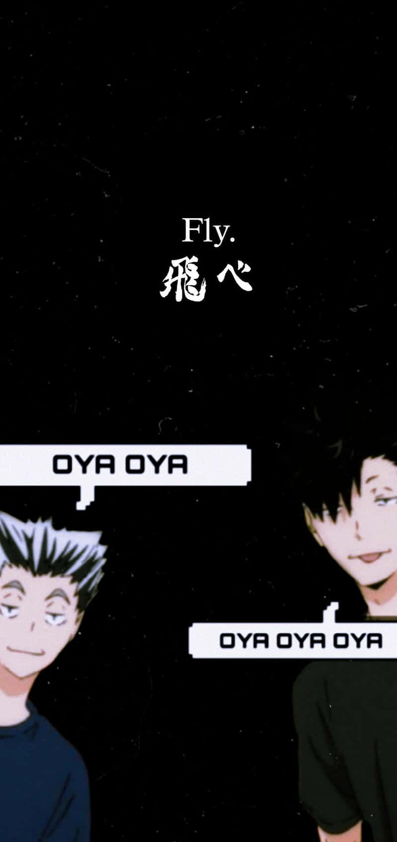 Haikyuu Captains 桌布 壁紙 — 兩個動漫角色在繁星點點的黑色背景上微笑，並有浮動文字寫著「Fly」和「OYA OYA」。