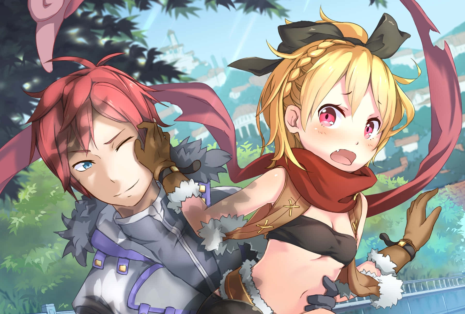 Re Zero Felt 桌布 壁紙 — 兩個動漫角色在茂密的綠色森林中擁抱，遠處有一座城堡，天空明亮。