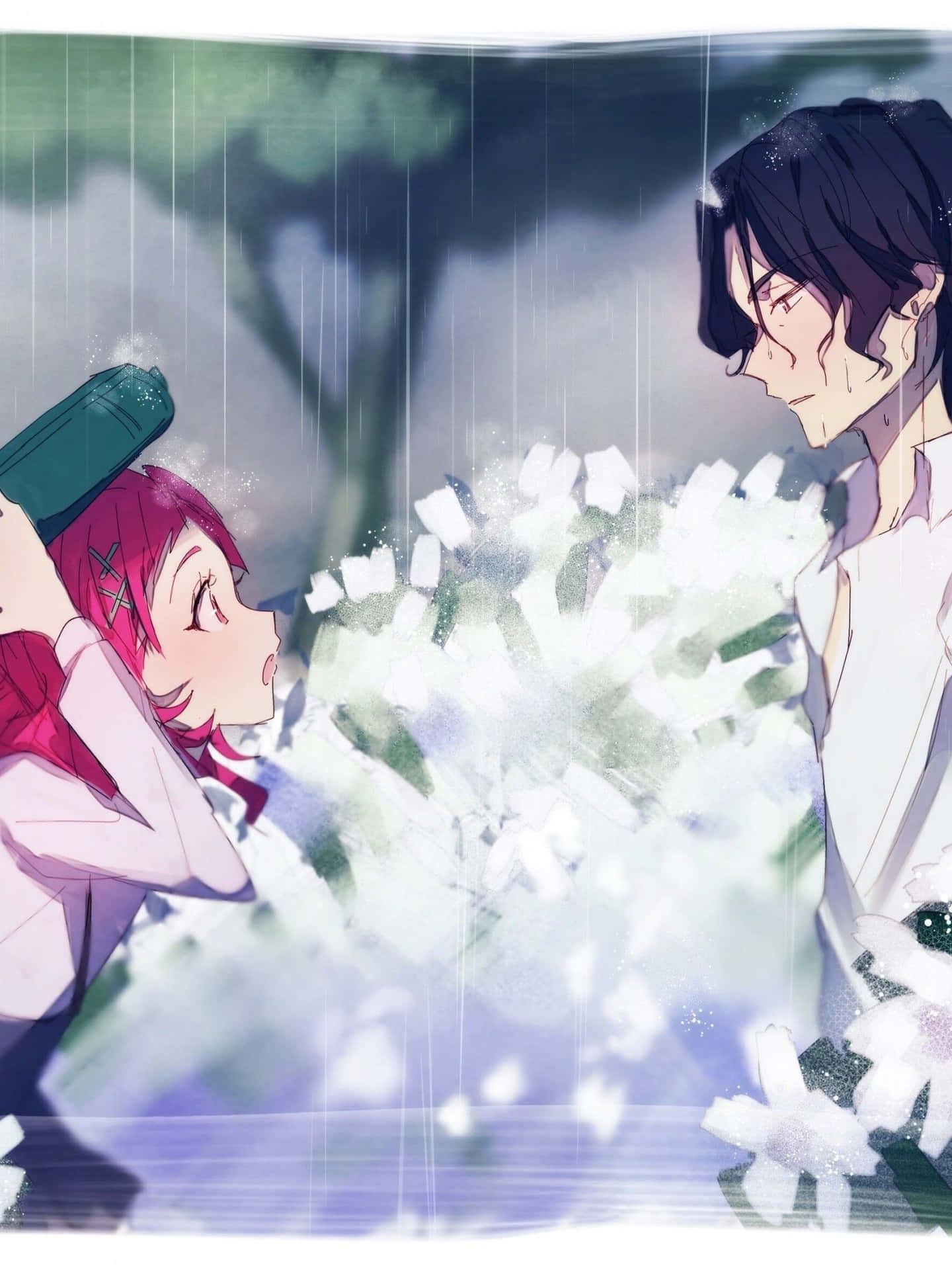 兩個動漫角色在雨中與發光的花朵共享溫柔時刻。 — 動漫情侶 GIF 壁紙
