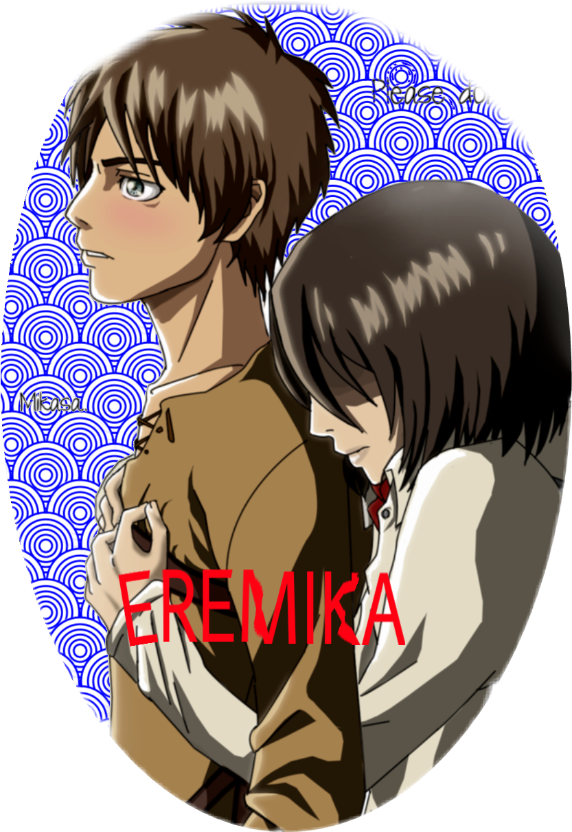 Mikasa Ackerman 桌布 壁紙 — 兩個動漫角色在藍色波浪圖案背景上擁抱，並帶有紅色文字疊加。