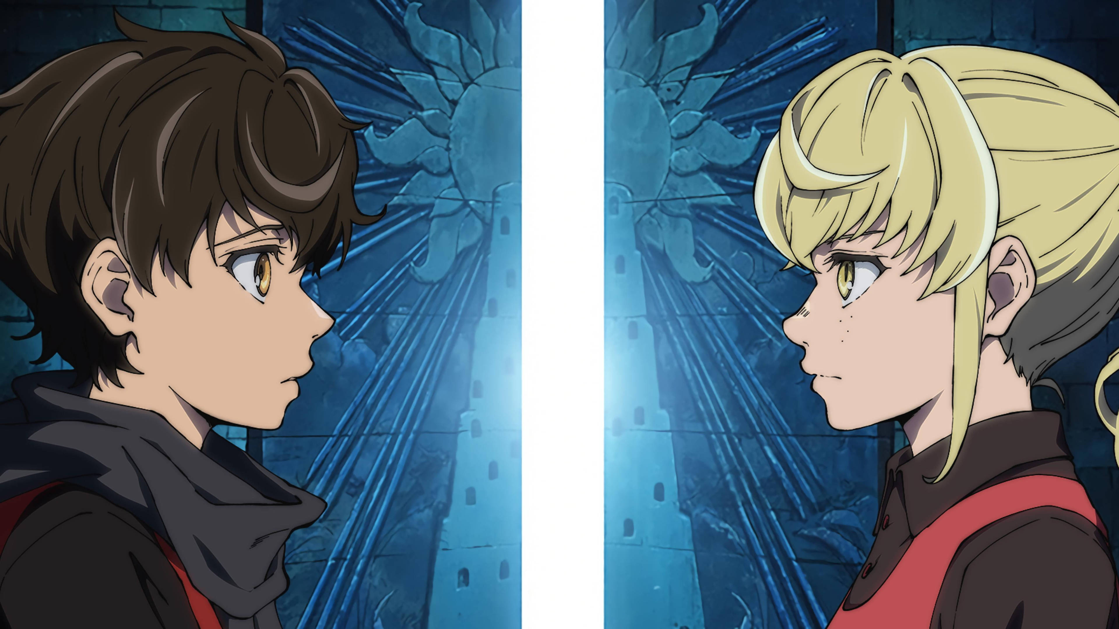 Tower Of God 桌布 壁紙 — 兩個動漫角色在藍色燈光的未來場景中面對面，背後有發光的建築元素。