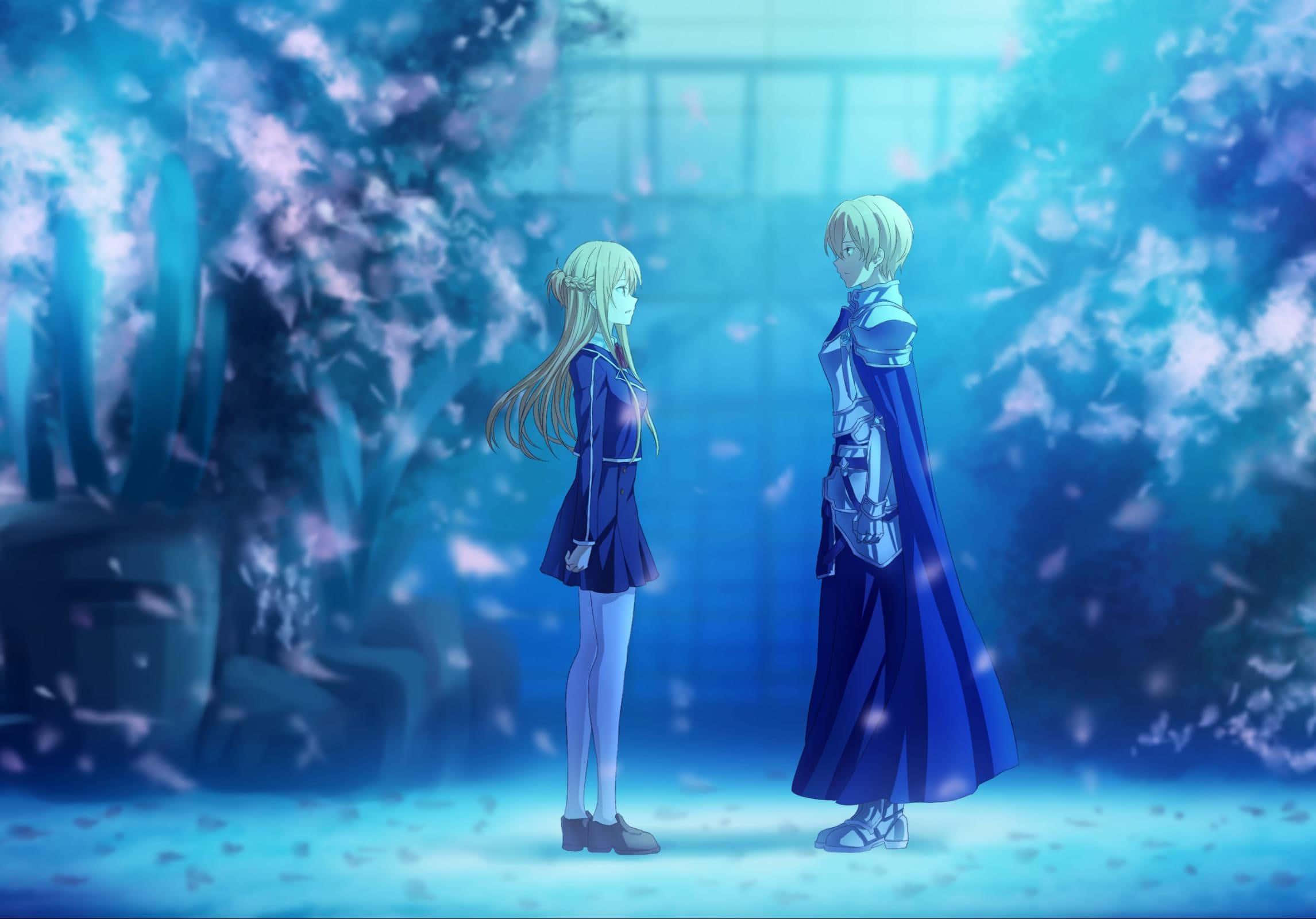 Sword Art Online Eugeo 桌布 壁紙 — 兩個動漫角色在藍色調的櫻花樹下，花瓣飄落中面對面站著。