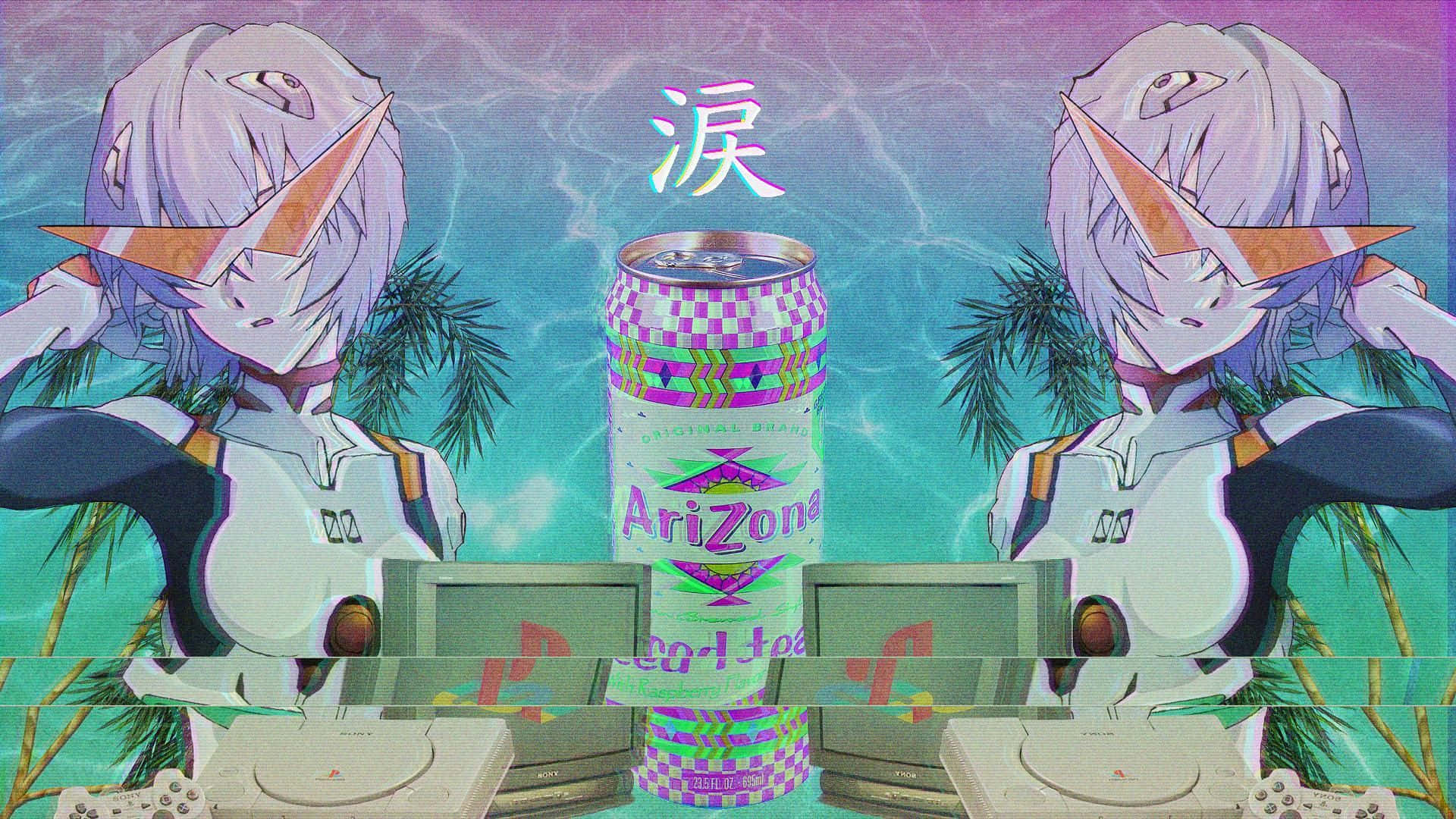 動漫女孩 桌布 壁紙 — 兩個動漫角色在超現實漸變天空下，夾著一個色彩繽紛的亞利桑那汽水罐，周圍有復古遊戲機和棕櫚樹。