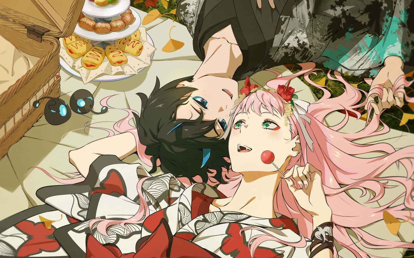 DARLING in the FRANXX 桌布 壁紙 — 兩個動漫角色在野餐墊上放鬆，周圍有糕點和櫻花。