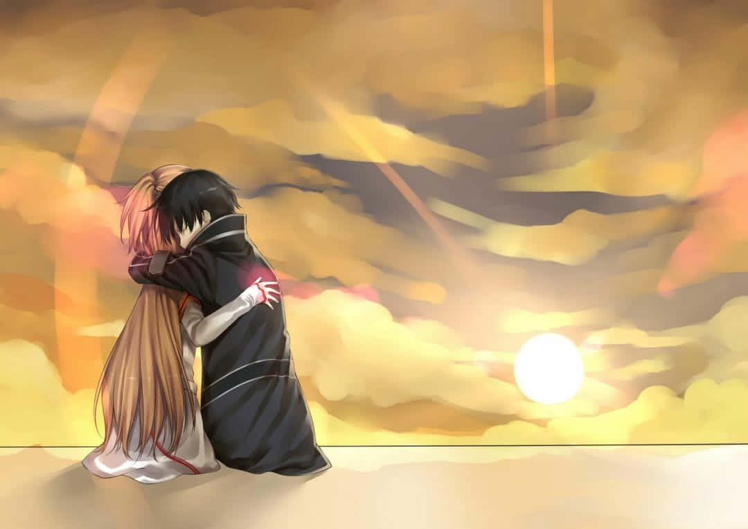 Kirito 桌布 壁紙 — 兩個動漫角色在金色日落天空下溫暖擁抱，天空有柔軟雲朵和耀眼的光束。