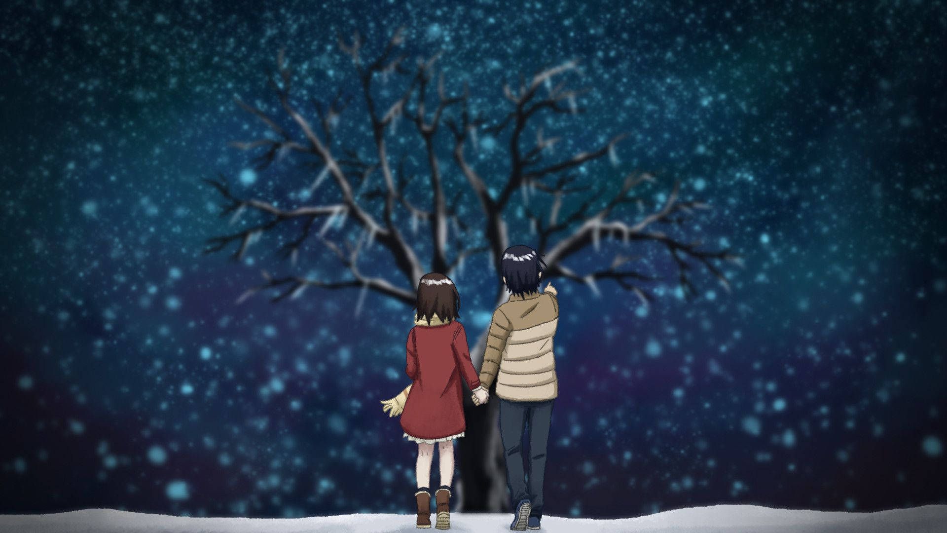 Erased 桌布 壁紙 — 兩個動漫角色在鋪滿雪的樹下，在星光閃爍的冬夜天空下牽手。