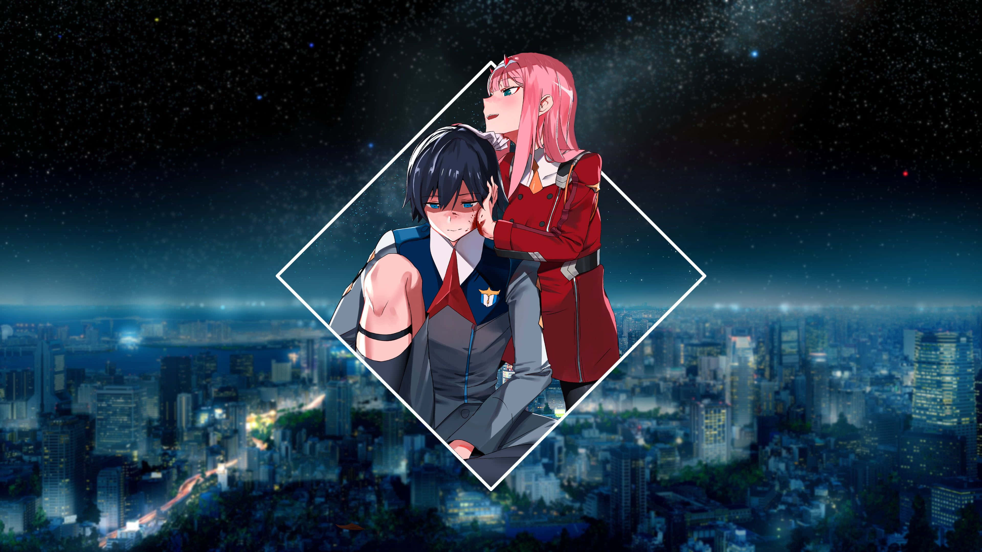DARLING in the FRANXX 桌布 壁紙 — 兩個動漫角色在鑽石框架內擁抱，背景是繁星點點的夜晚城市景觀，下方有發光的燈光。