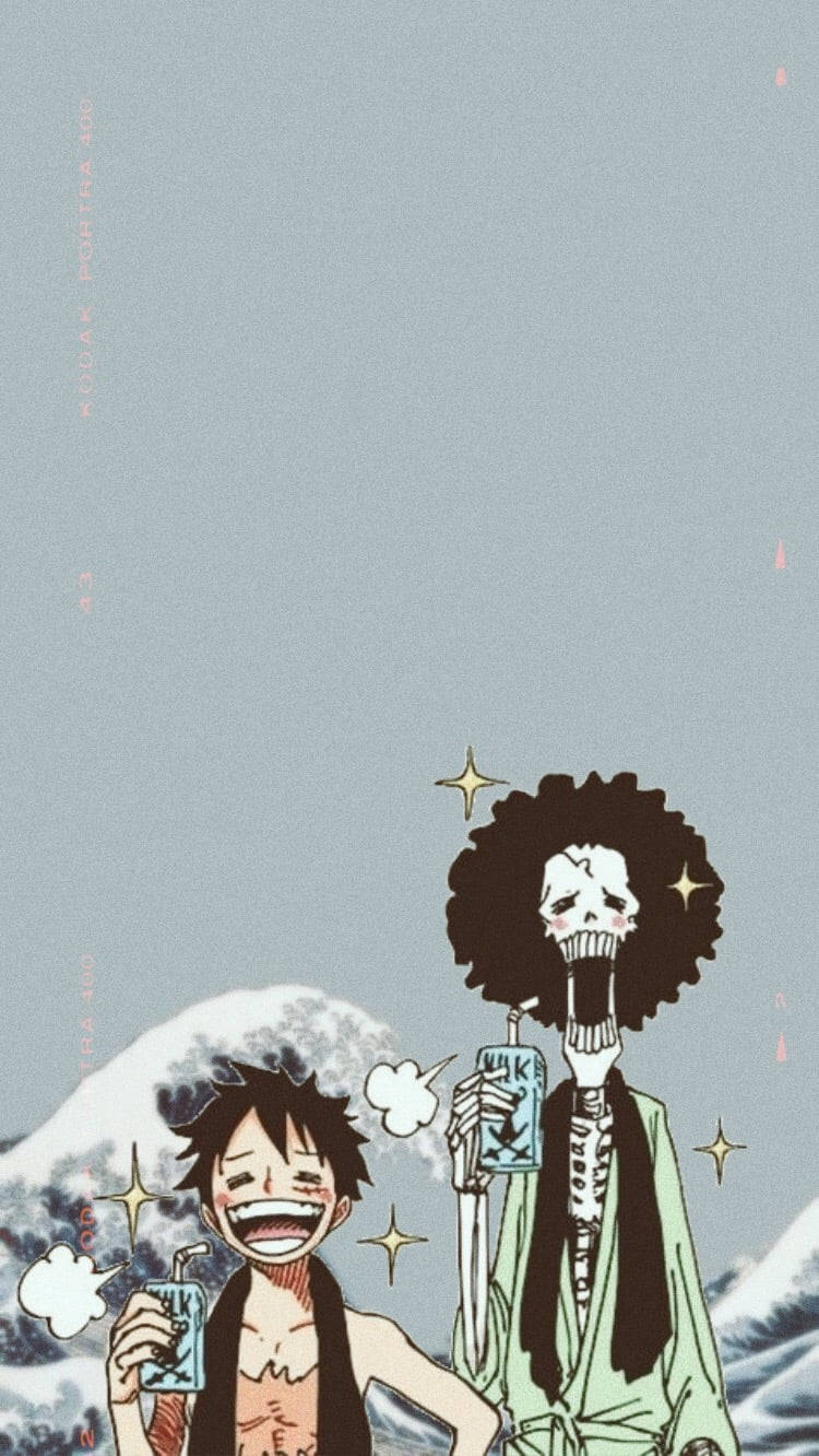 Luffy Funny 桌布 壁紙 — 兩個動漫角色在閃爍星星的雪山下，開心笑著拿著牛奶盒。