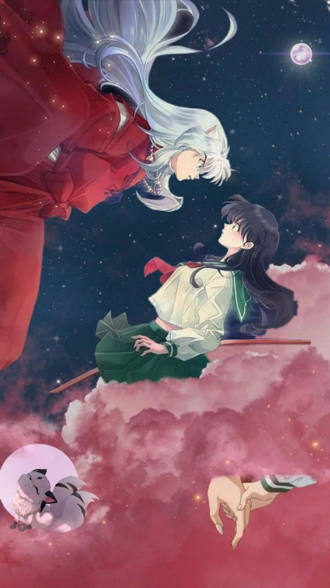 Kagome Higurashi 桌布 壁紙 — 兩個動漫角色在閃爍月亮的星空夜空下，於粉紅雲朵上互相凝視。