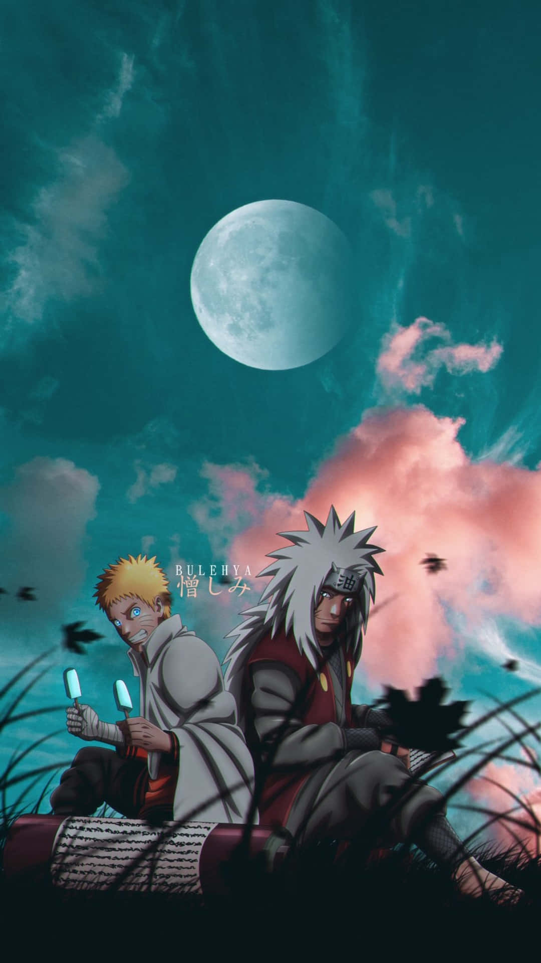 Naruto Aesthetic Phone 桌布 壁紙 — 兩個動漫角色在閃爍的月亮下坐在一起，背景是帶有深色雲朵的藍綠色和粉紅色天空。