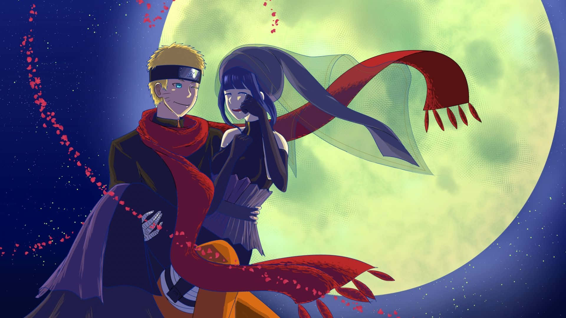 Naruto Green 桌布 壁紙 — 兩個動漫角色在閃爍的月亮下擁抱，紅色絲帶在繁星點點的夜空中旋轉。