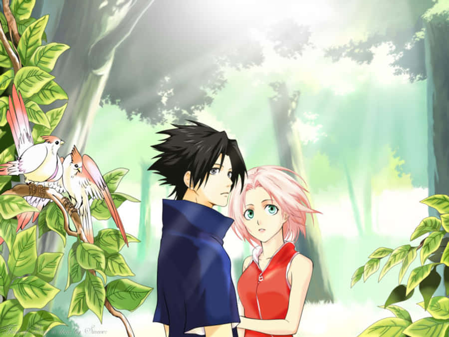 Sasuke Sakura 桌布 壁紙 — 兩個動漫角色在陽光明媚的森林中靠近站立，周圍的樹葉上有鳥兒棲息。