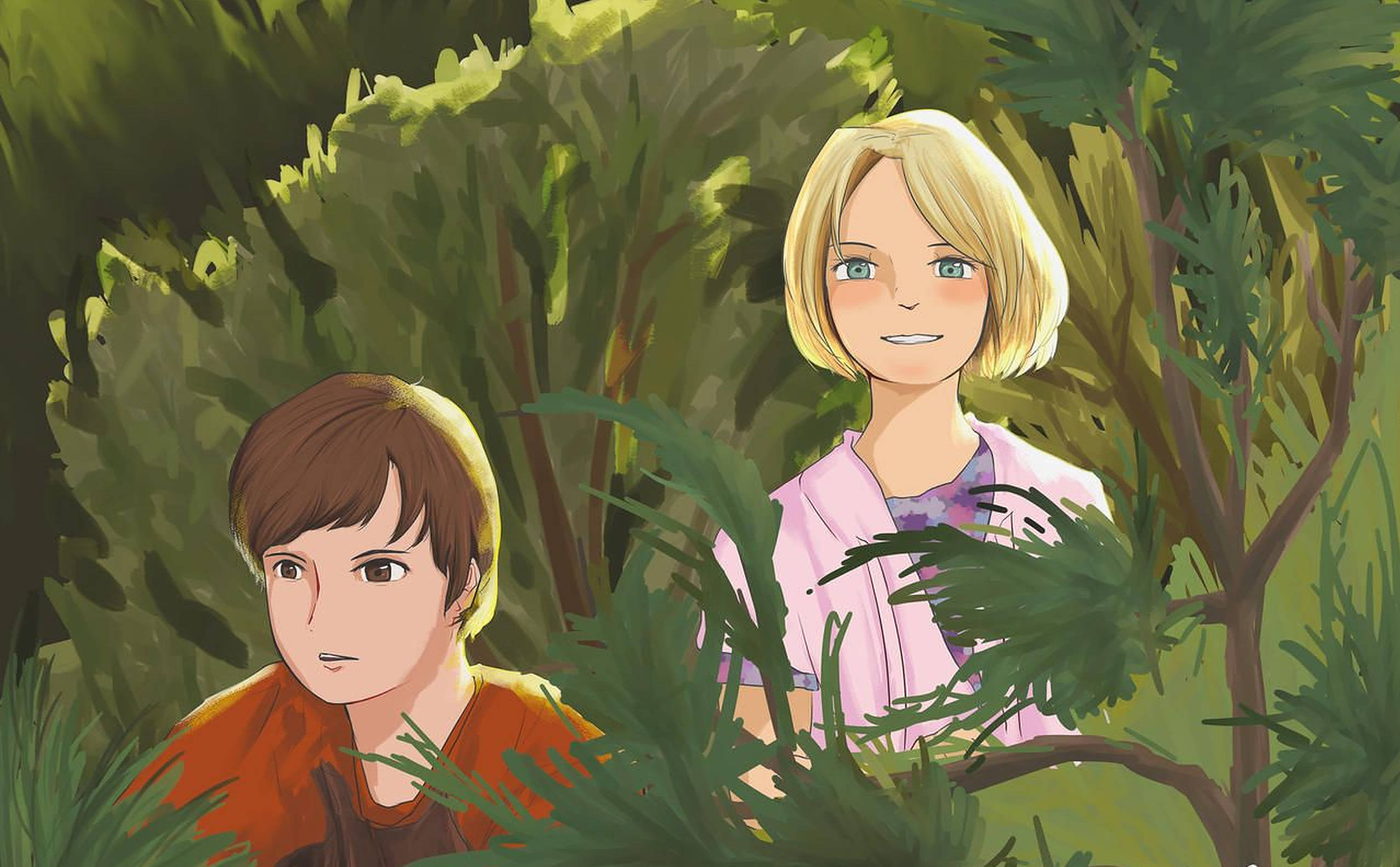 bridge 桌布 壁紙 — 兩個動漫角色在陽光明媚的森林場景中，透過茂密的綠色樹葉窺視，表情好奇。