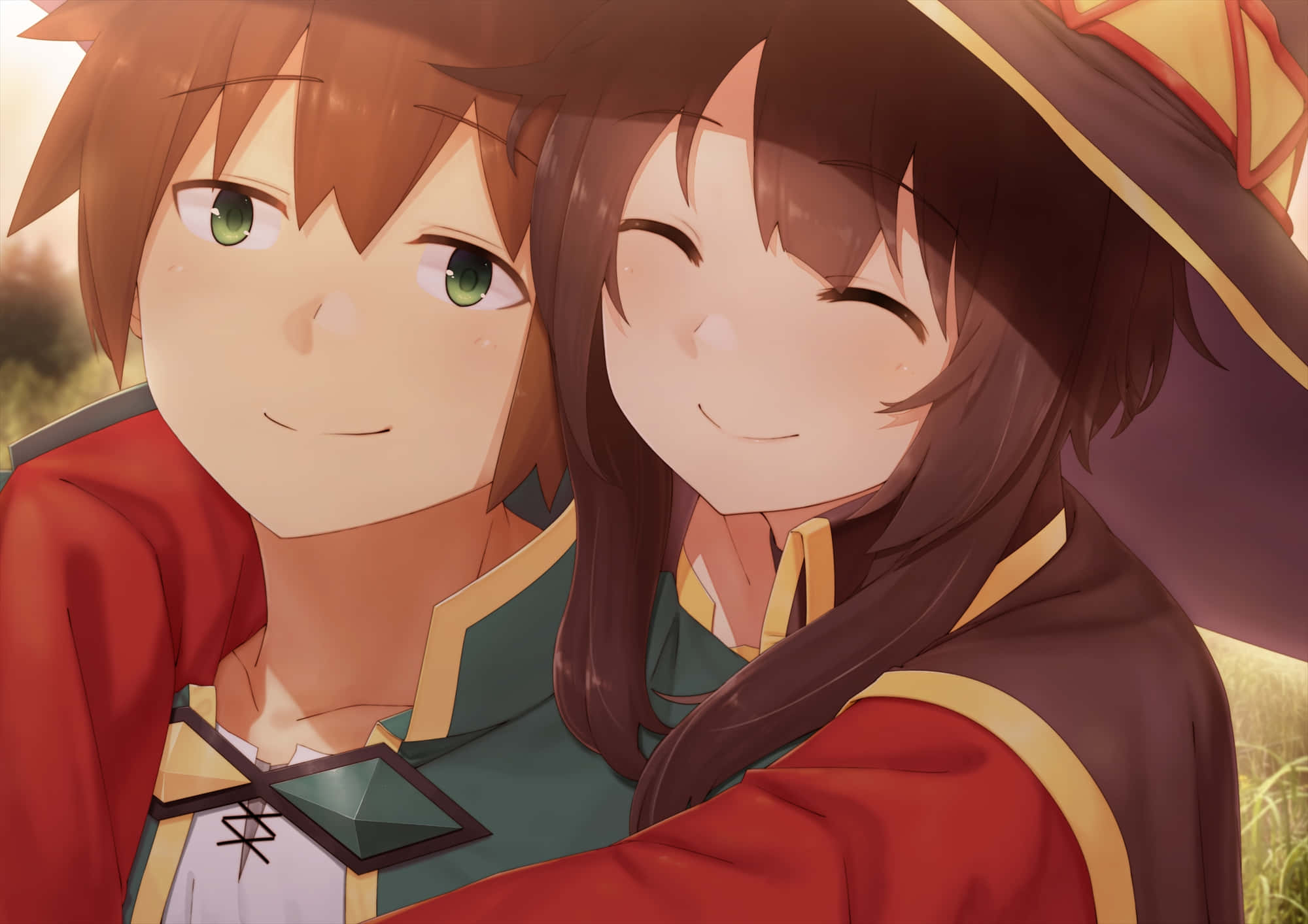 Konosuba 桌布 壁紙 — 兩個動漫角色在陽光明媚的田野中，沐浴在柔和的金色光線下，分享溫馨親密的時刻。