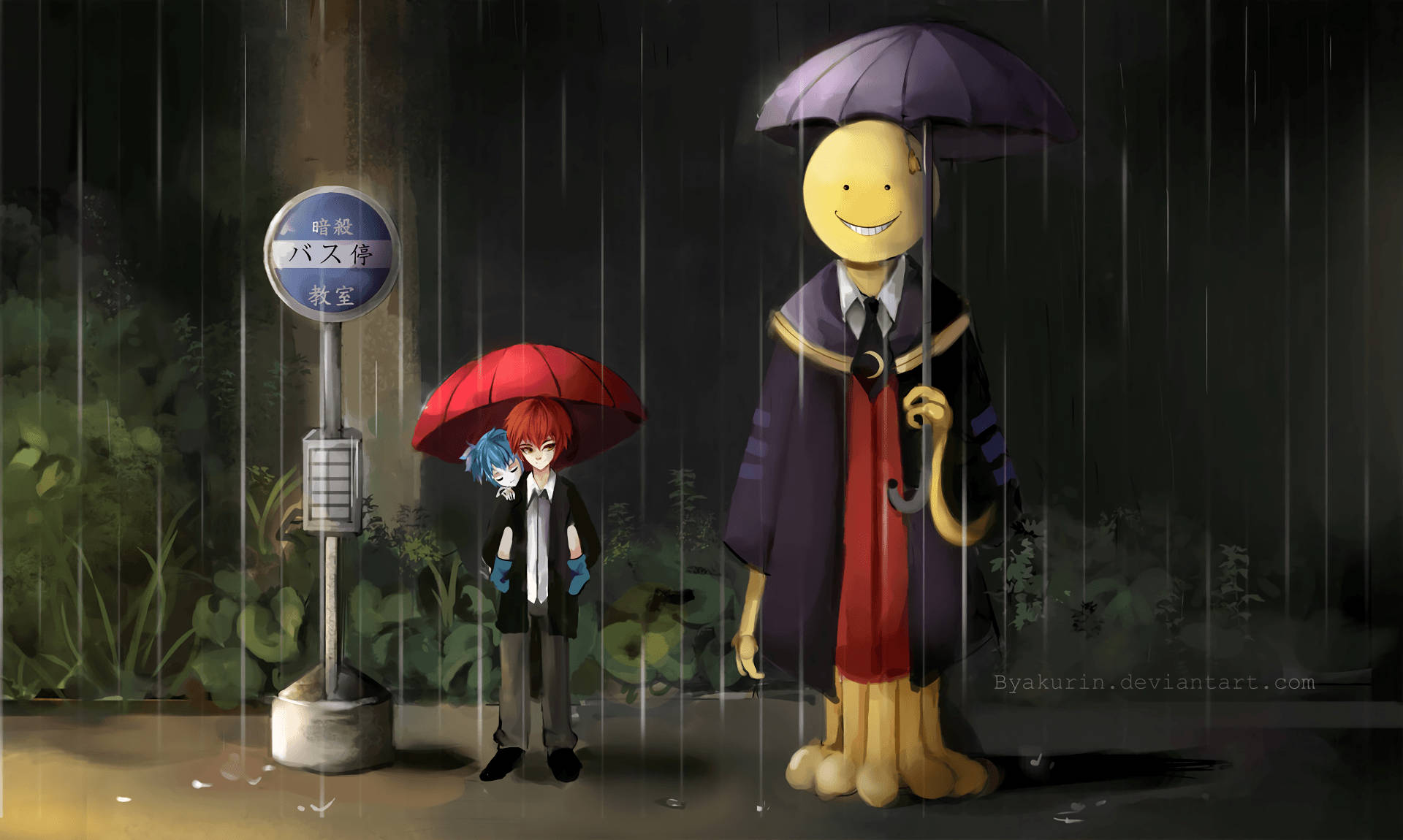 karma 桌布 壁紙 — 兩個動漫角色在雨中公車站撐傘站立，一個高大的黃色角色和一個藍色頭髮的小紅髮角色。