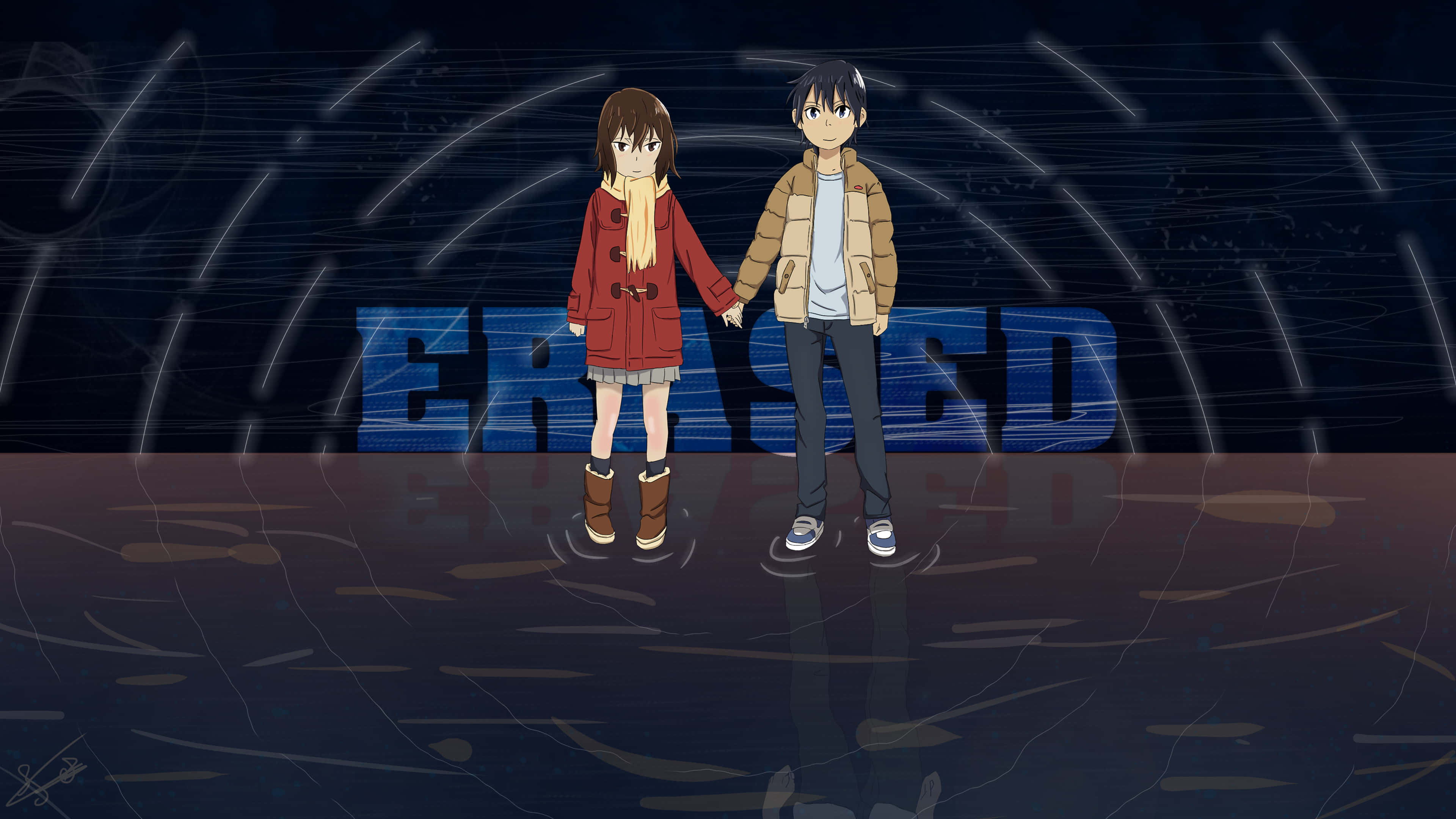 Thriller Anime 桌布 壁紙 — 兩個動漫角色在雨中牽手，背景為深色，帶有發光藍色文字。
